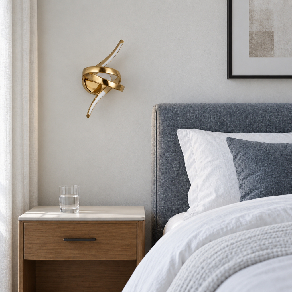 Applique murale nœud LED doré éteinte dans une chambre