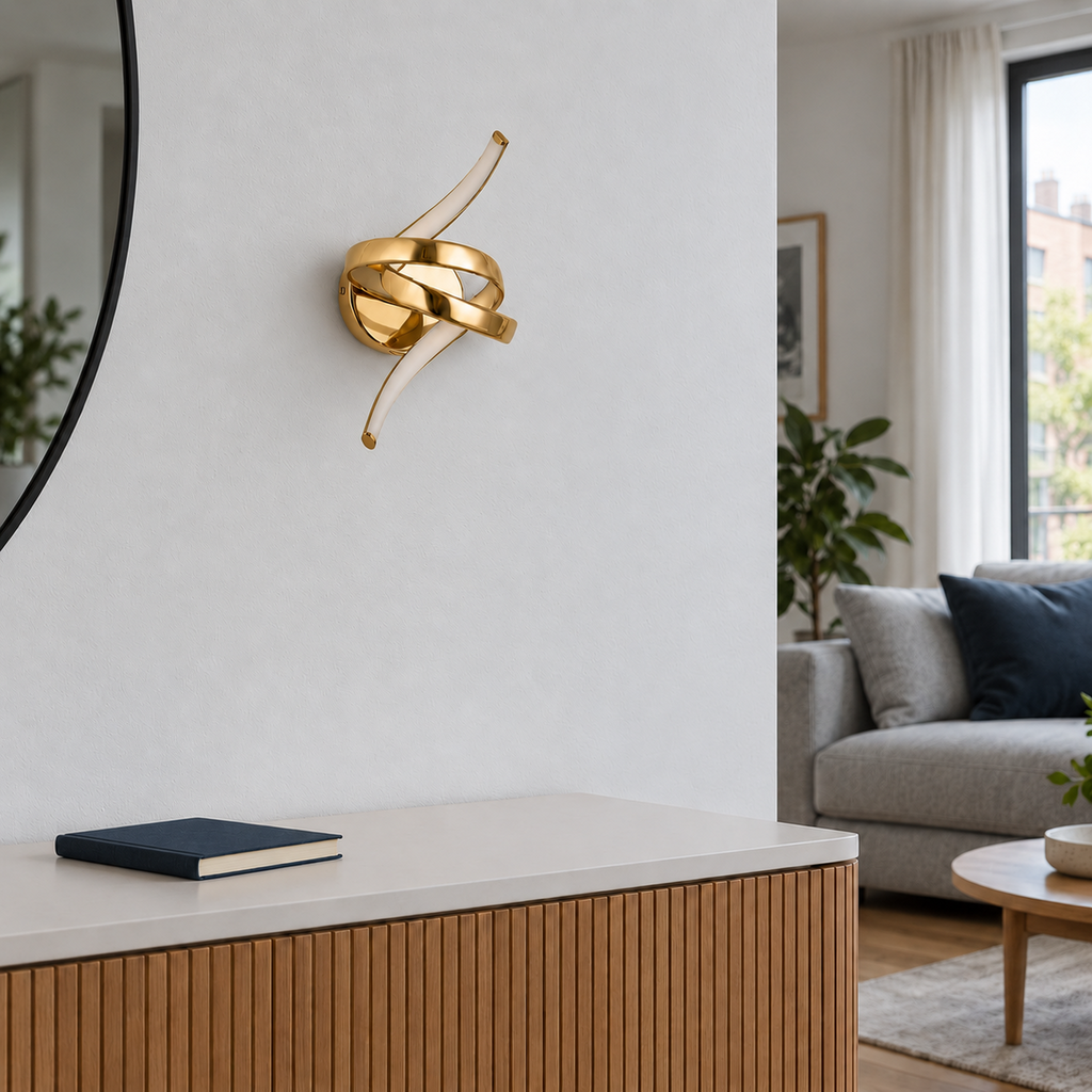 Applique murale nœud LED doré éteinte dans un salon
