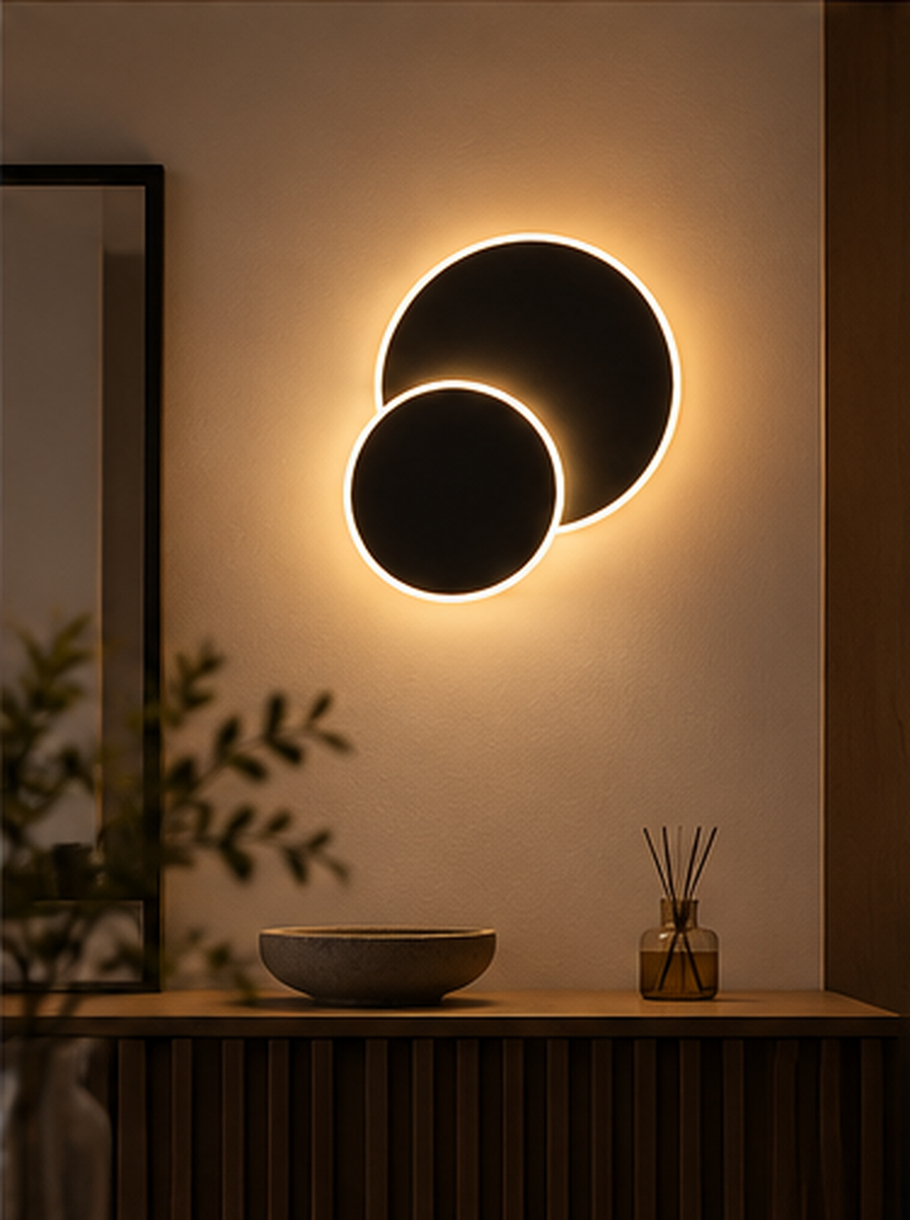 Applique murale Éclipse LED noire au-dessus d'une console
